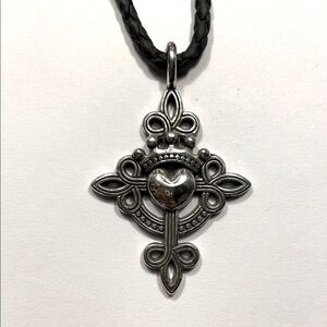 Brighton Silver Sacred Heart Cross Gothic Pendant Necklace on black leather cord